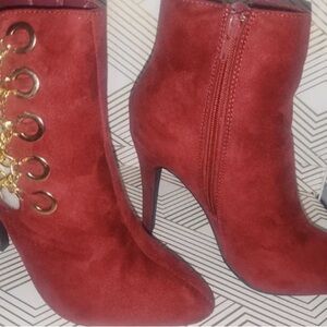 Paprika Red Suede Stiletto Ankle Boots with Gold Eyelet Detail